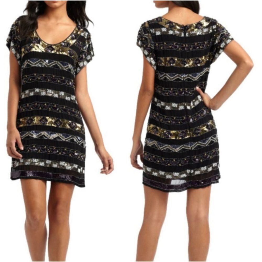 French Connection Carnival Sequin
Shift Dress Size 10 Black Gold Silver